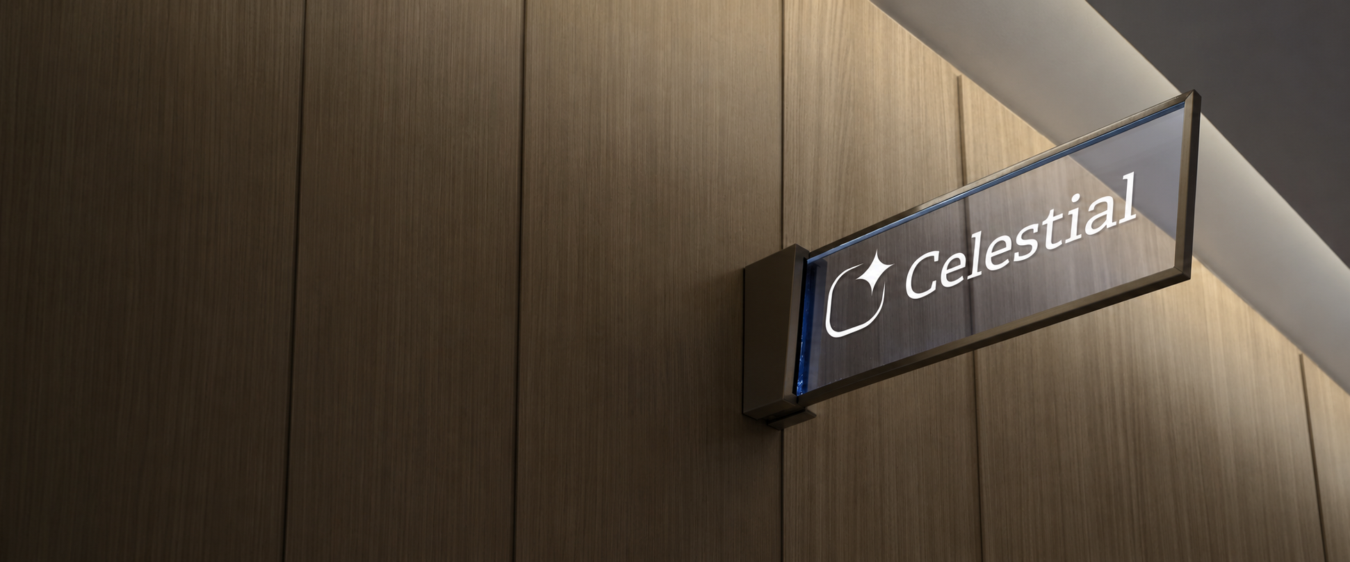 The Celestial logo on a wooden sign, lit by warm natural light